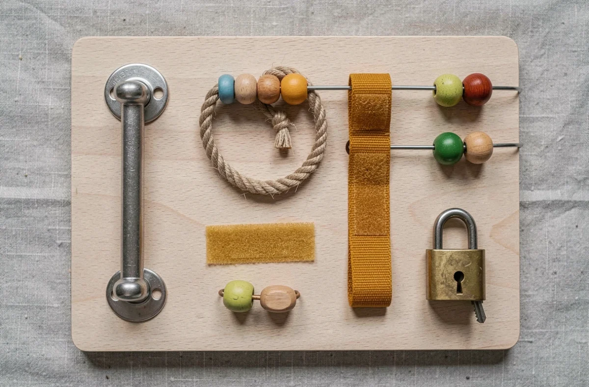 Vue rapprochée en flat-lay d'une busy board Montessori artisanale en bouleau avec verrous, perles et sangles sensorielles