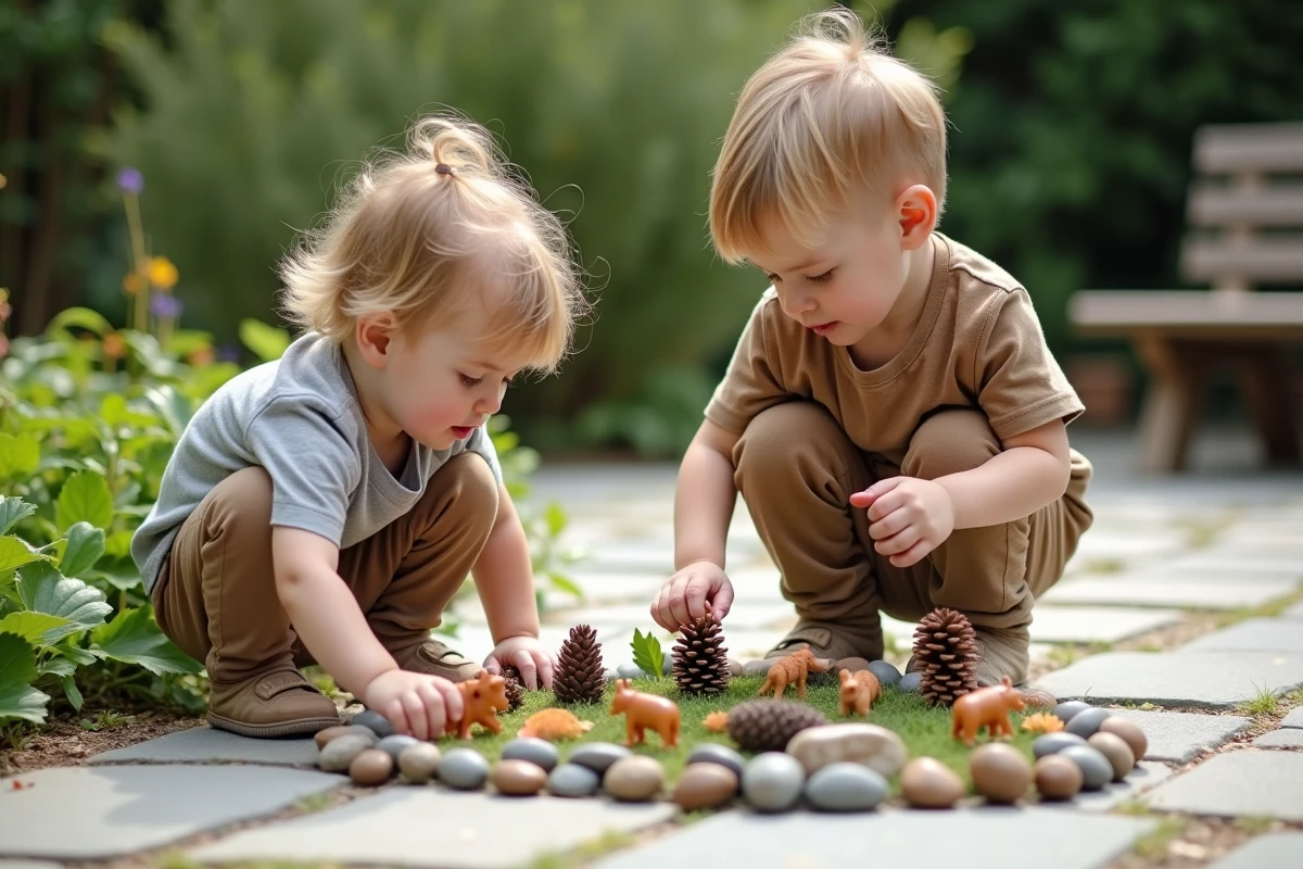 Deux enfants de 4 ans jouant ensemble avec des figurines d'animaux et des éléments naturels sur une terrasse de jardin