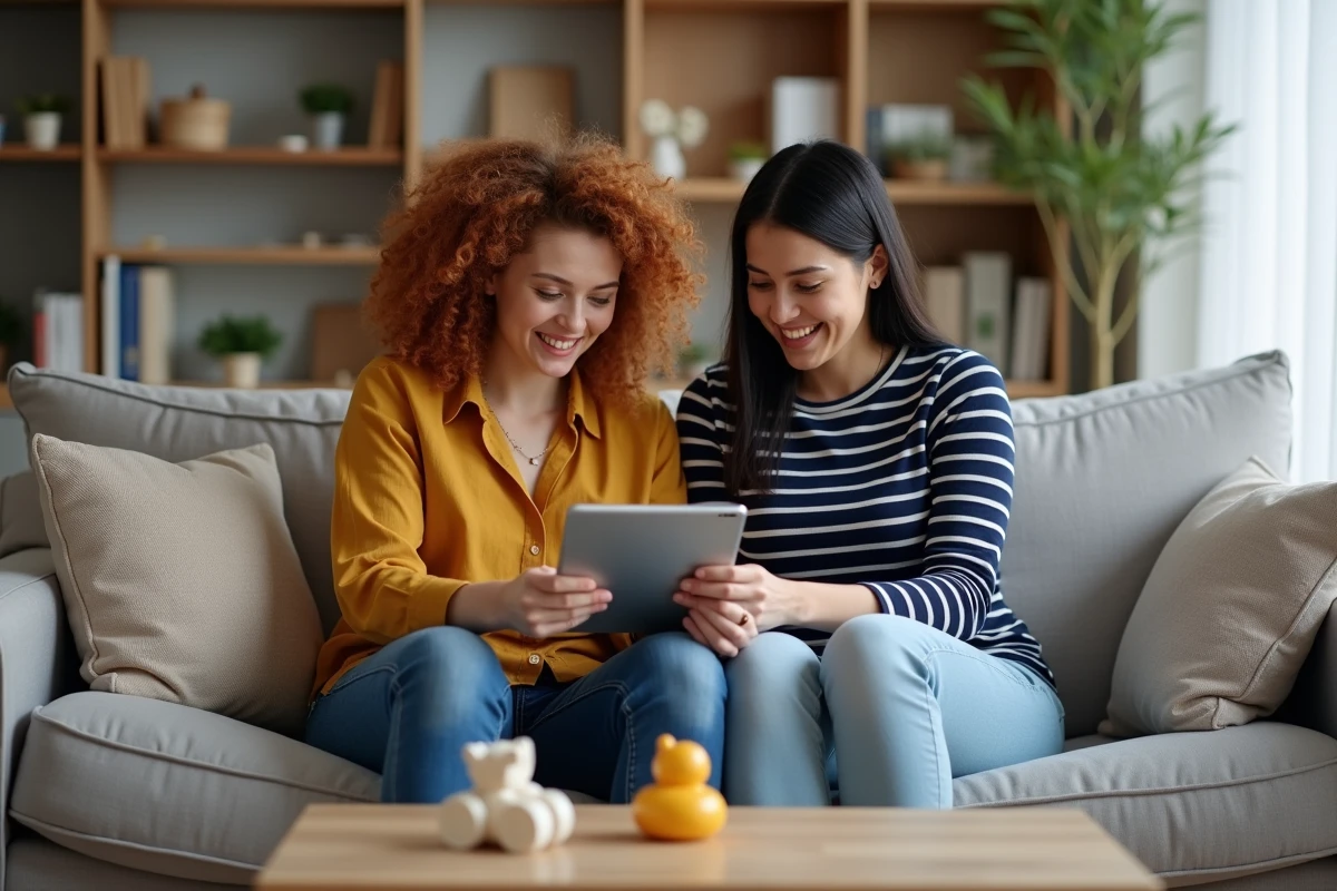 Deux mamans débutantes explorant ensemble l'application Mama-bears sur une tablette dans un salon familial