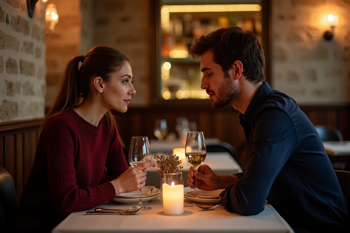 Couple partageant un dîner romantique dans un bistro parisien typique avec décor en pierre et ambiance chaleureuse