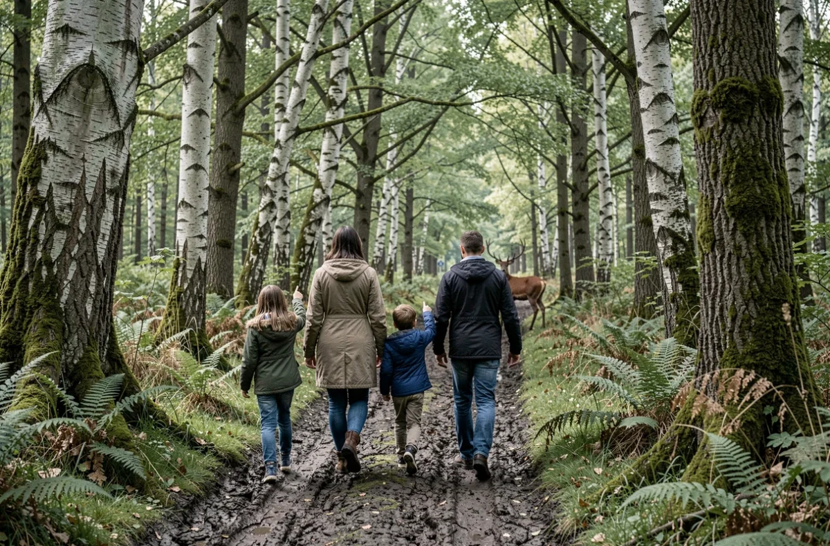 Famille observant un cerf dans la forêt du Domaine du Ciran en Sologne