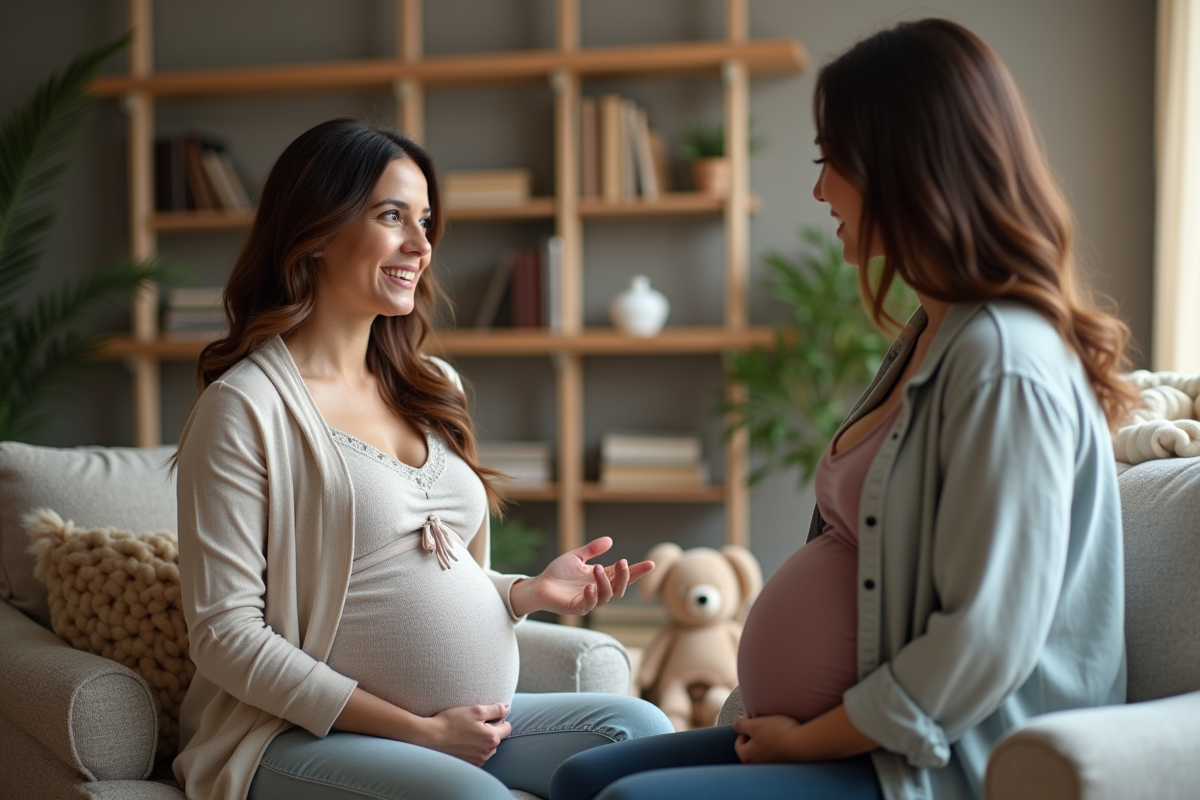 Doula aidant un couple enceinte dans un salon chaleureux