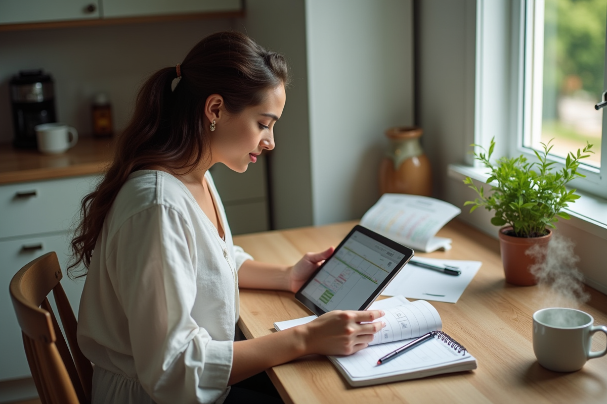Jeune doula regardant son planning sur une tablette dans la cuisine