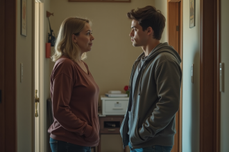 Femme et jeune homme discutent dans l'entrée d'un appartement