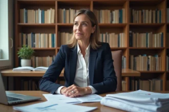 Économiste française en costume marine assise dans un bureau parisien moderne, entourée de rapports économiques