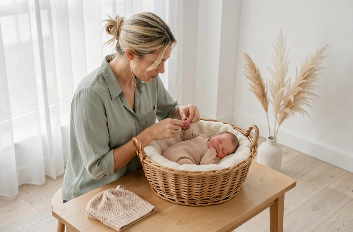 Emilie C. photographe ajustant un nouveau-né dans un panier en osier dans un studio minimaliste