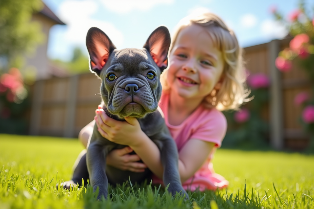 Enfant tenant doucement un bulldog français dans un jardin ensoleille
