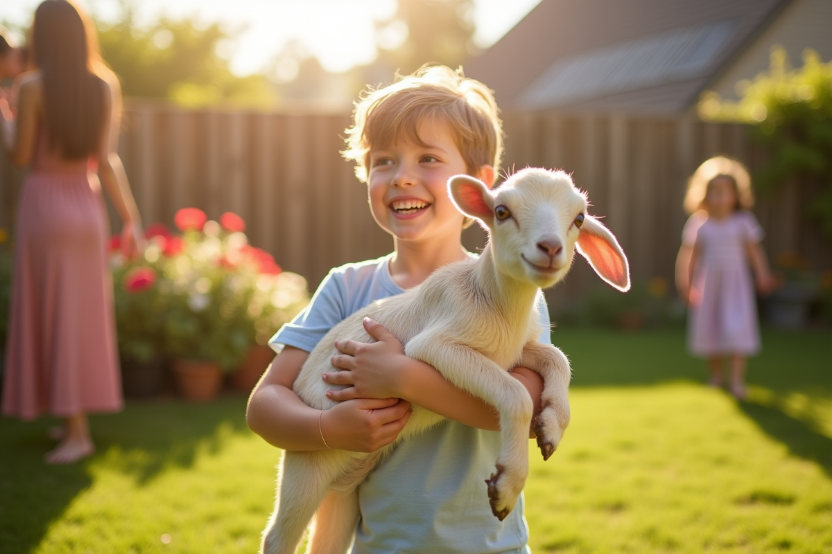 Enfant souriant tenant une petite chèvre dans le jardin