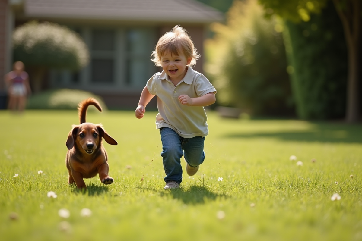Enfant courant dans le jardin avec un chiot dachshund joueur