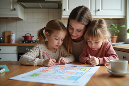 Mère et enfants créant un tableau de tâches à la maison