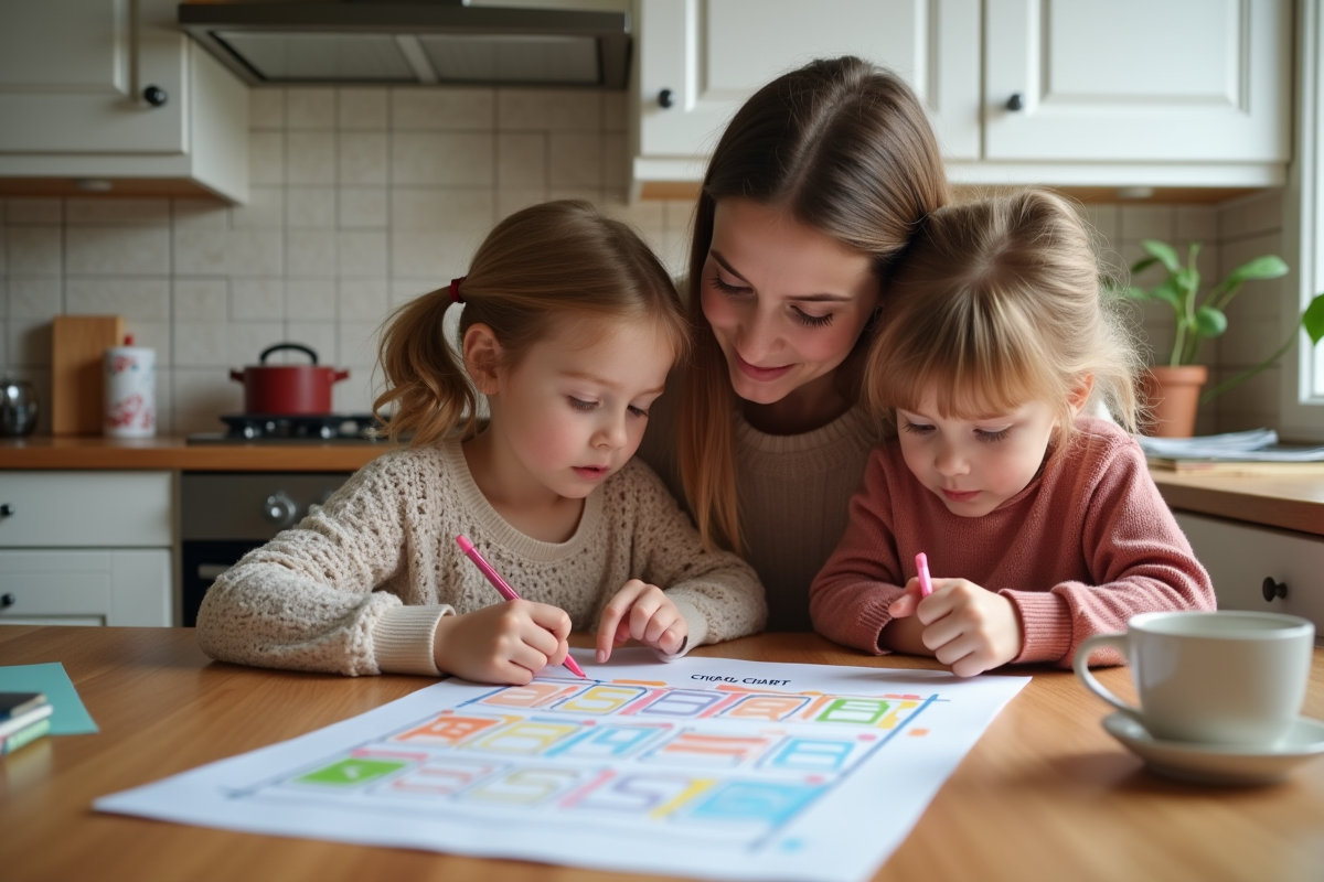 Mère et enfants créant un tableau de tâches à la maison