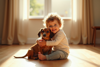 Jeune enfant souriant avec un chiot dachshund sur un sol en bois