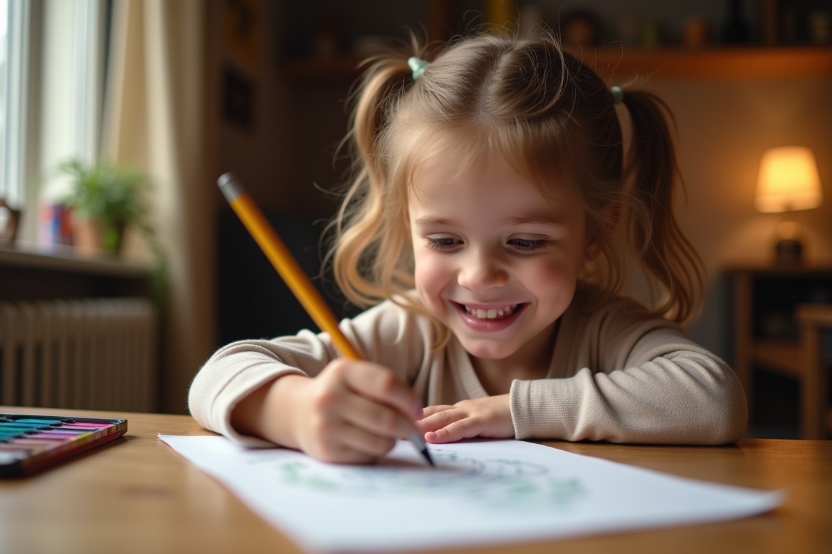 Enfant souriant dessinant à une table en bois dans une pièce chaleureuse