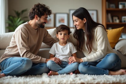 Enfant multiracial assis avec ses parents dans un salon chaleureux