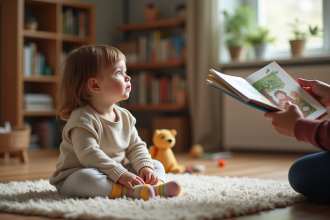 Fille de 15 mois regarde un livre avec sa mère dans un salon chaleureux