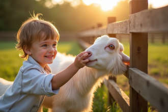 Jeune enfant souriant donnant à manger à une chèvre blanche