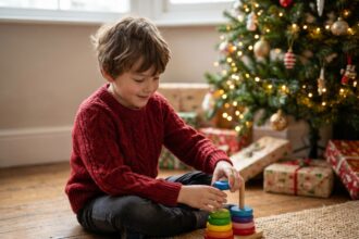 Enfant concentré qui empile des anneaux colorés en bois au pied d'un sapin de Noël, développant sa coordination œil-main