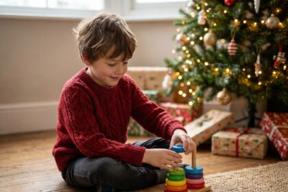 Enfant concentré qui empile des anneaux colorés en bois au pied d'un sapin de Noël, développant sa coordination œil-main
