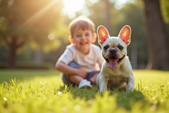 Enfant joyeux jouant avec un bouledogue français en plein air