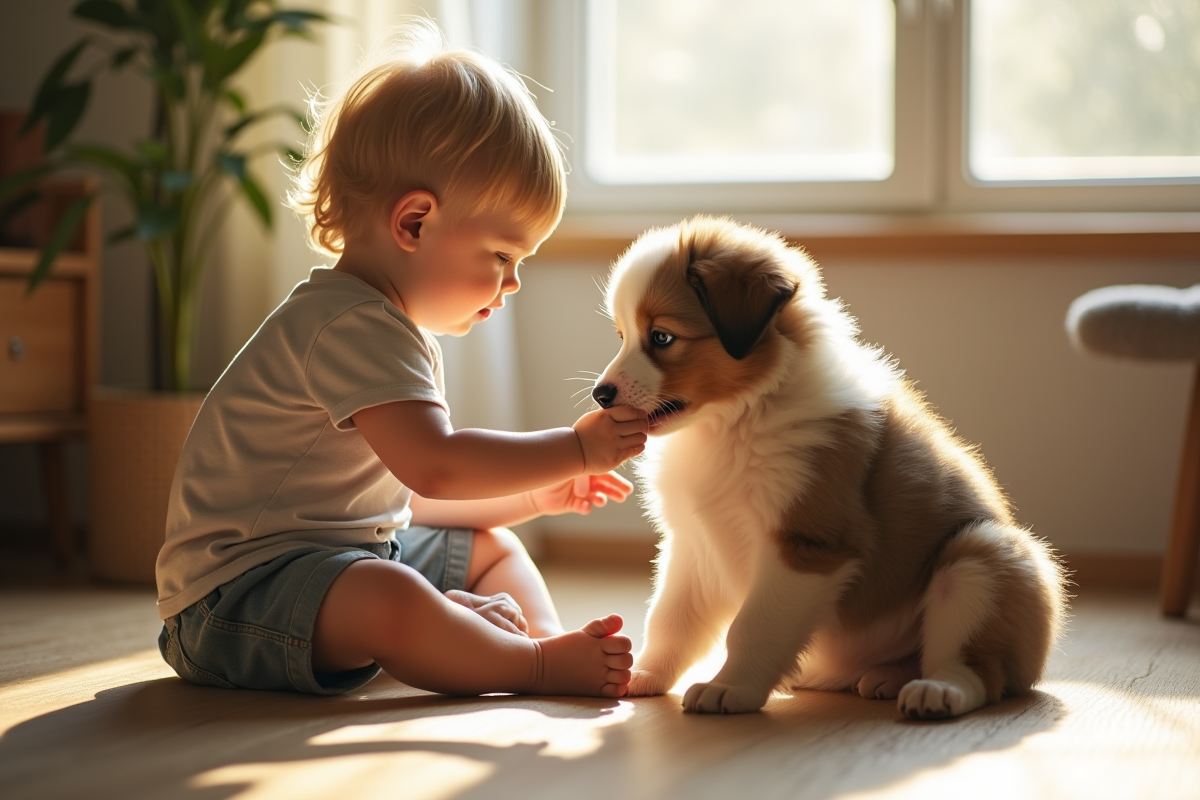 Jeune enfant caressant un chiot australien dans le salon