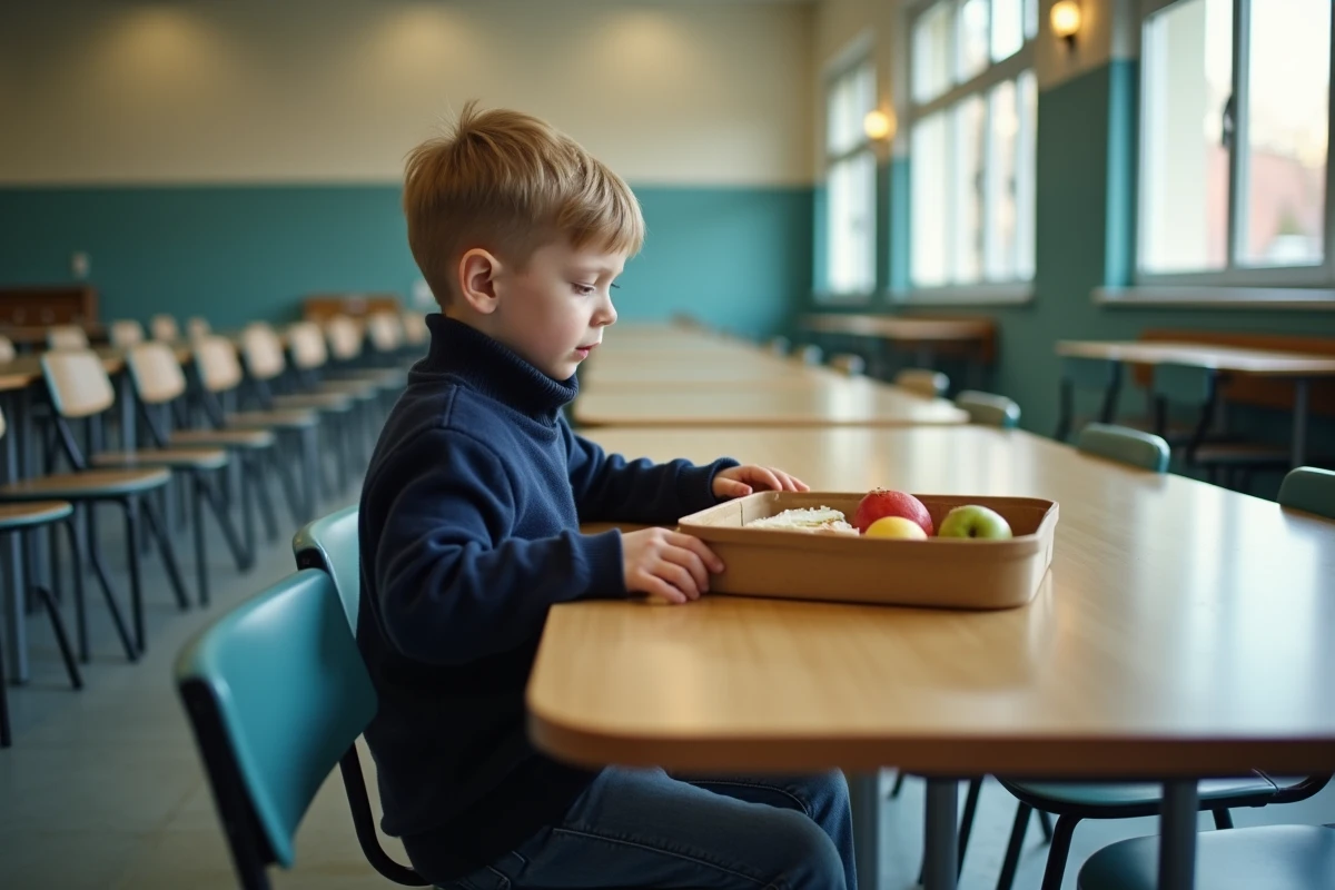 Enfant mangeant seul un repas apporté de la maison dans une cantine scolaire vide pendant une journée de grève