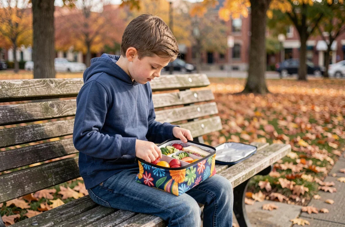Enfant ouvrant un sac à goûter isotherme avec une lunchbox bento compartimentée dans un parc en automne