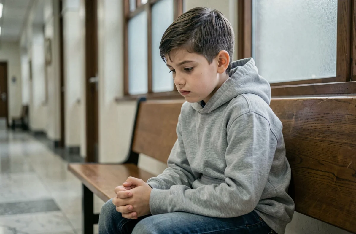 Portrait d'un enfant pensif assis seul dans un couloir de tribunal, illustrant la souffrance des enfants pris dans un conflit de garde parental