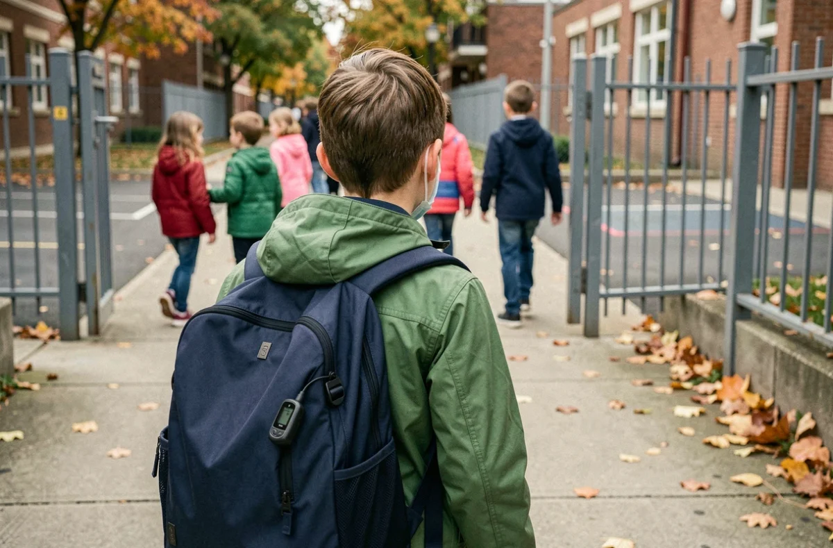 Enfant portant un traceur GPS discret fixé sur son sac à dos devant l'entrée de l'école