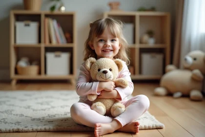 Fille en pyjama pastel tenant son doudou dans une nurserie