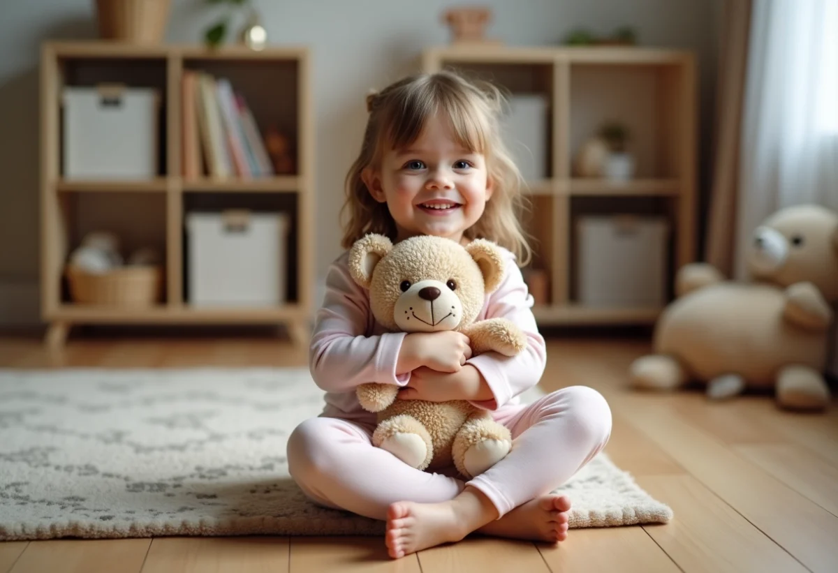 Fille en pyjama pastel tenant son doudou dans une nurserie