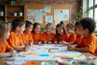 Groupe d'enfants en centre de loisirs collaborant sur un grand projet créatif autour d'un thème annuel fil rouge
