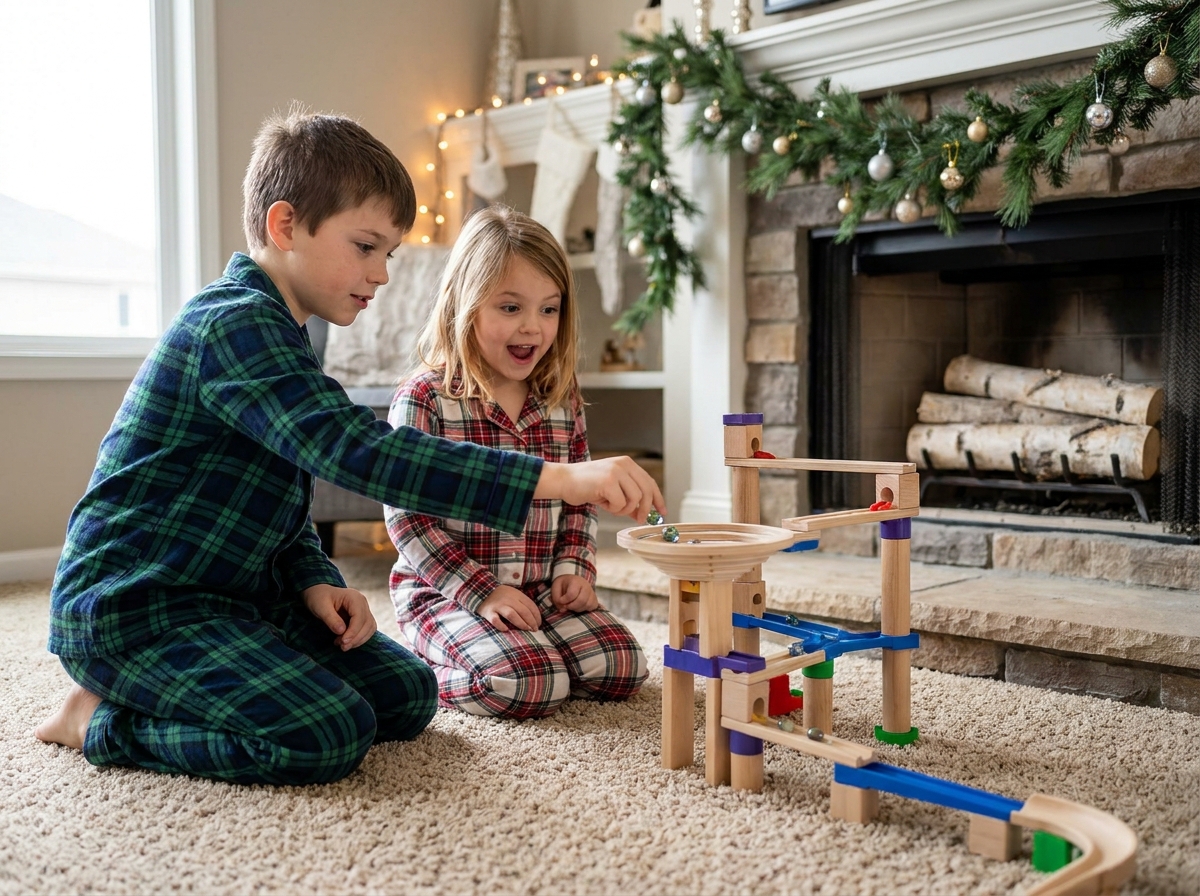 Deux enfants en pyjama construisant un circuit à billes devant une cheminée décorée pour Noël, jeu de coordination et de logique