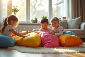 Trois enfants construisent un fort coloré dans un salon lumineux