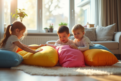 Trois enfants construisent un fort coloré dans un salon lumineux