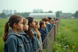 Groupe d'enfants divers regardant un serre industriel au fond