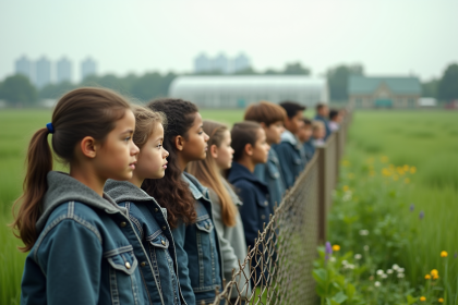Groupe d'enfants divers regardant un serre industriel au fond