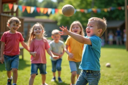 Groupe d'enfants de maternelle jouant à la pêche aux sacs en plein air