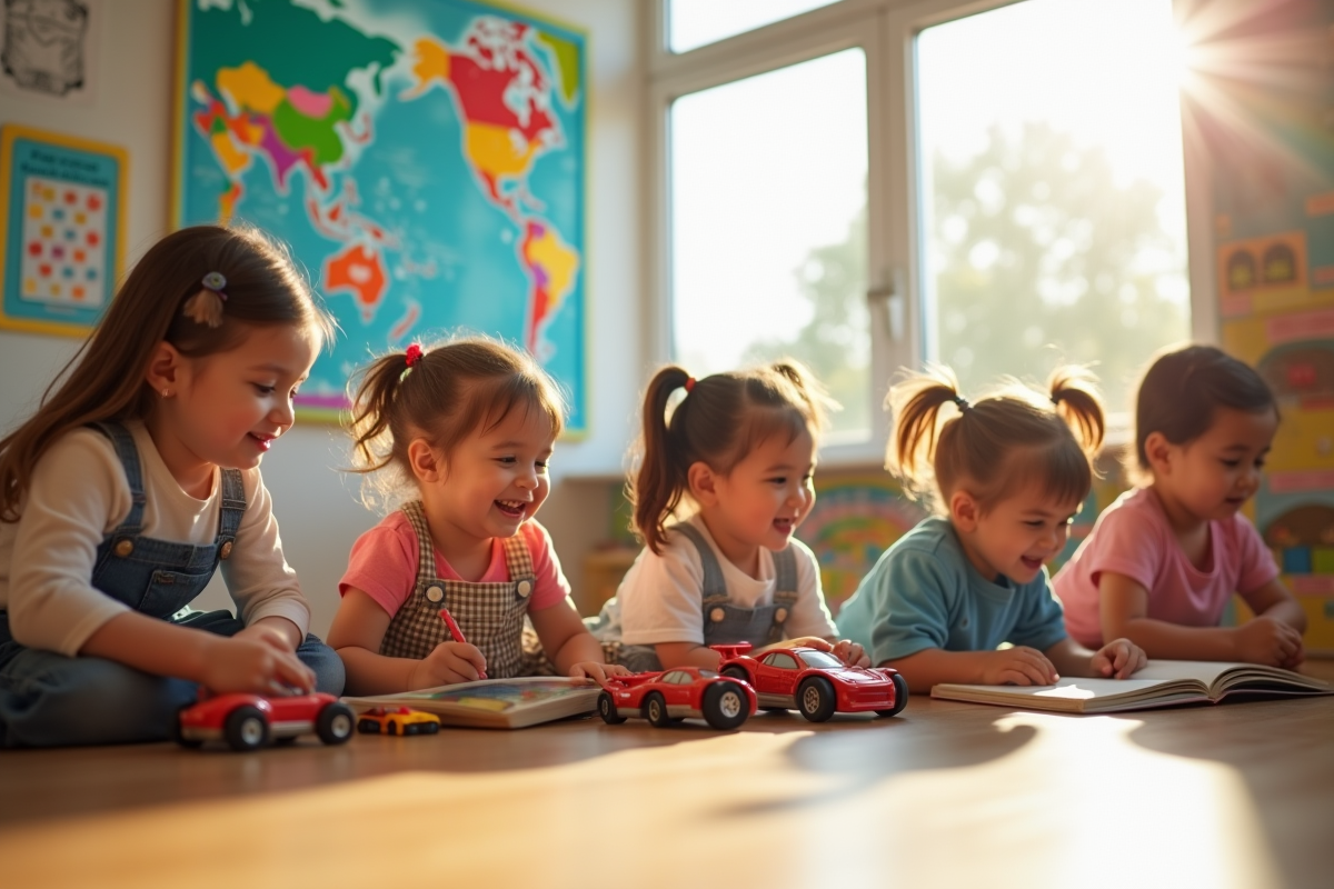 Enfants jouant avec des voitures en jouets dans une classe moderne