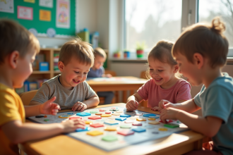 Groupe d'enfants d'âge préscolaire jouant à un jeu coloré dans une classe lumineuse