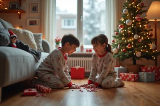 Deux enfants en pyjamas jouent sous un canapé décoré de Noël