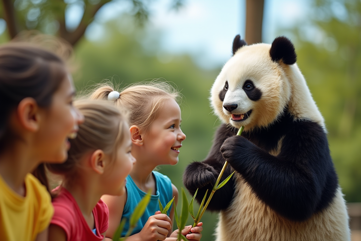 Enfants souriants regardant un panda mangeant du bambou au zoo