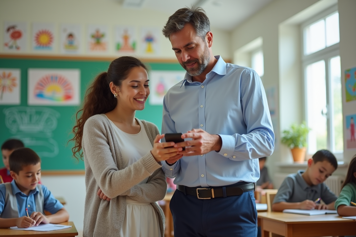 Enseignant et mère regardent un téléphone dans une classe