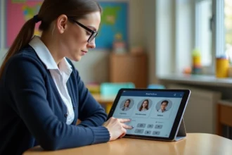 Enseignante consultant l'interface de l'application Educartable sur une tablette dans une salle de classe primaire