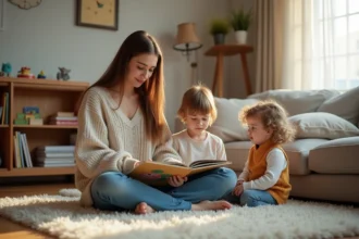 Étudiante baby-sitter assise sur un tapis avec deux jeunes enfants regardant des livres illustrés dans un salon chaleureux