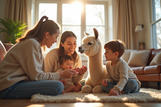 Famille dans un salon lumineux avec un alpaga