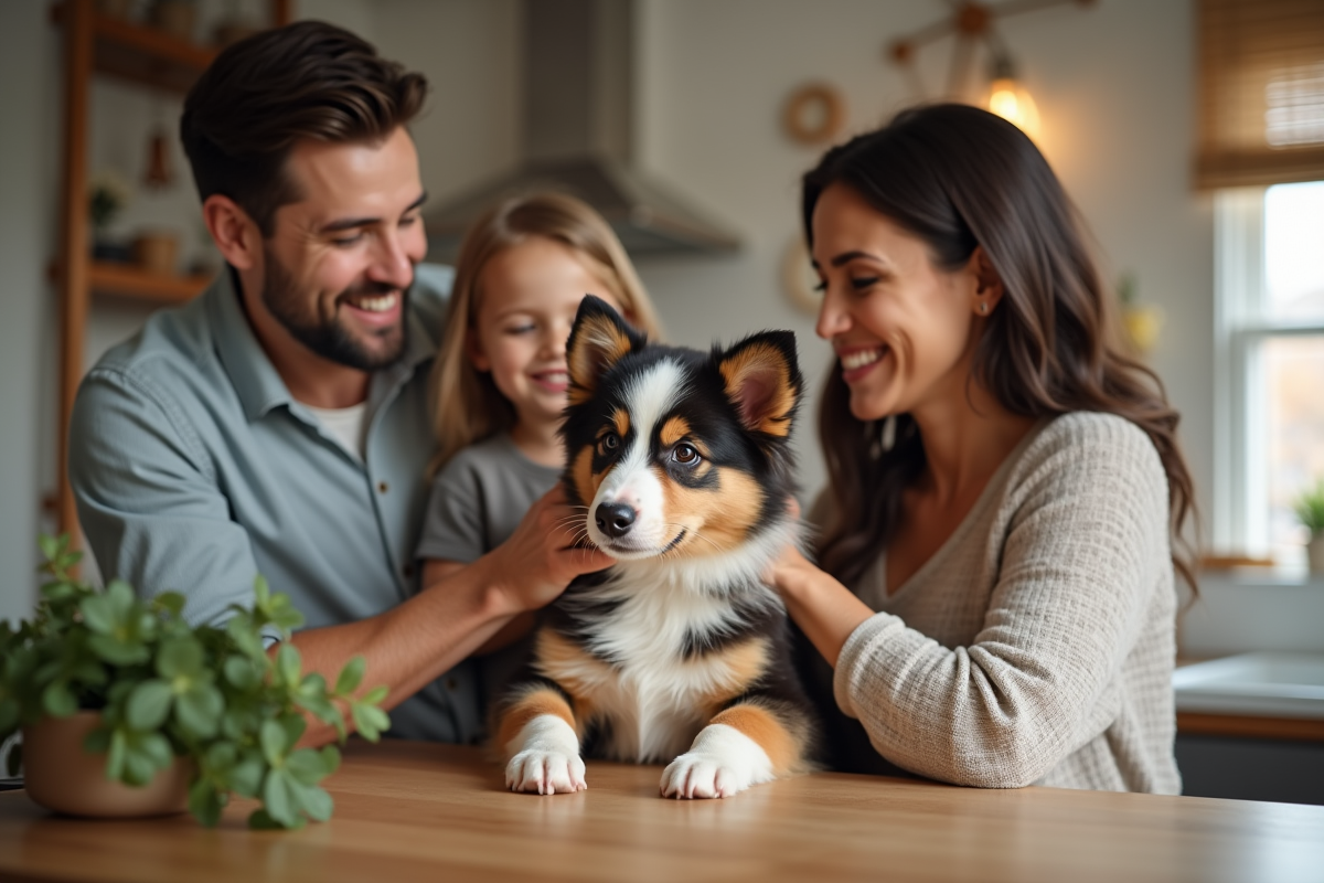 Famille souriante découvrant un chiot australien dans la cuisine