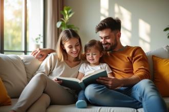 Famille heureuse dans un salon lumineux en famille