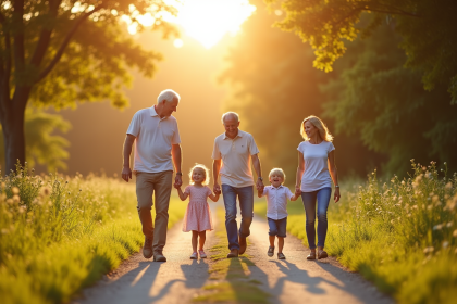 Famille multigenerations marchant main dans la main dans la nature