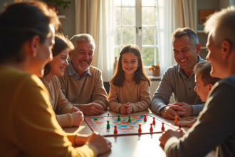 Famille multigenerations jouant au jeu de l'oie en famille