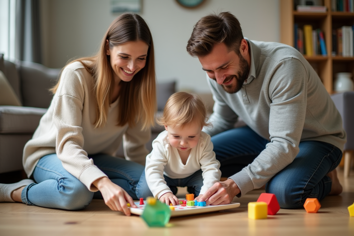 Famille jouant sur le sol dans un salon cosy